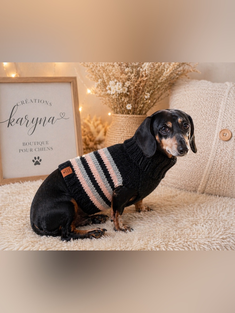 Handmade Black Stripe Dog Sweater with Pink & Gray Accents